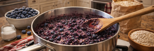 gekochte Blaubeerfüllung auf dem Herd kochen