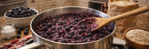 gekochte Brombeerfüllung auf dem Herd kochen