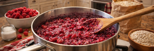 gekochte Himbeerfüllung auf dem Herd kochen