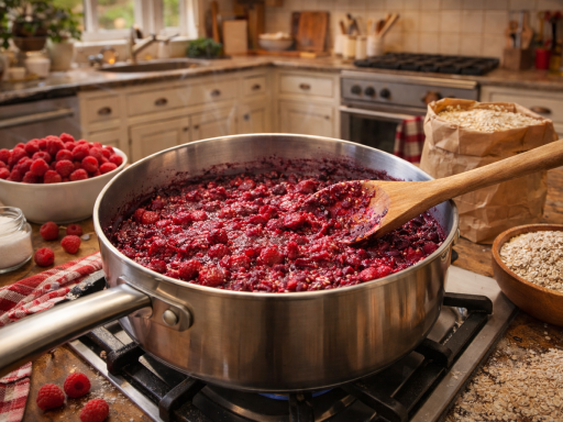 gekochte Himbeerfüllung auf dem Herd kochen