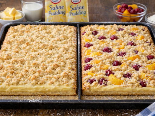 Pudding Streusel Kuchen in Varianten (eine mit Früchten)