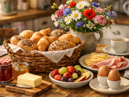 Brötchenkorb auf dem Frühstückstisch