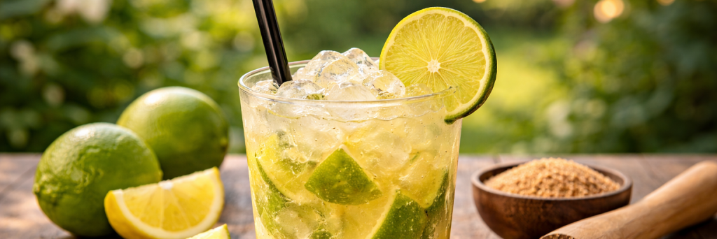 Caipirinha auf rustikalem Holztisch