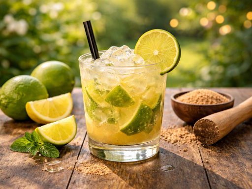 Caipirinha auf rustikalem Holztisch