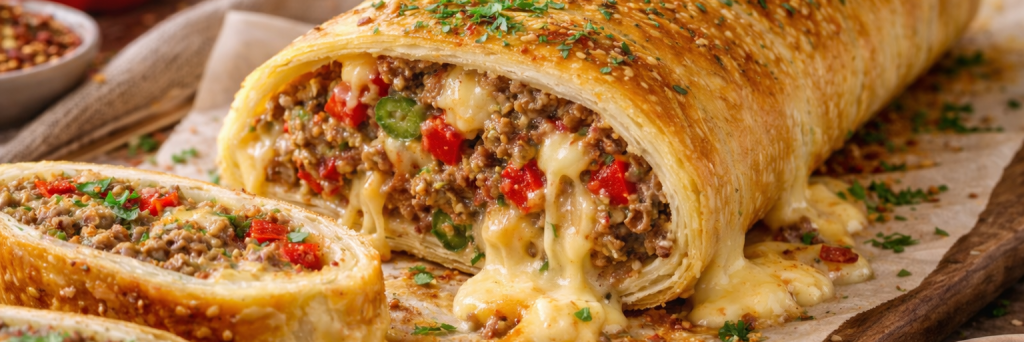 Hackfleisch-Käse-Blätterteigrolle