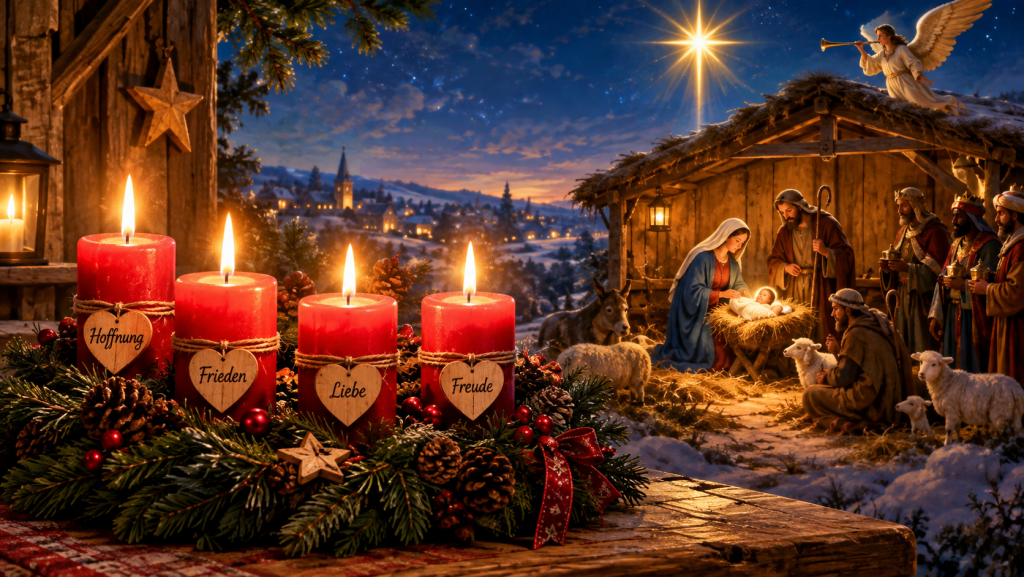 Adventskranz mit Krippe - Hoffnung, Frieden, Liebe, Freude
