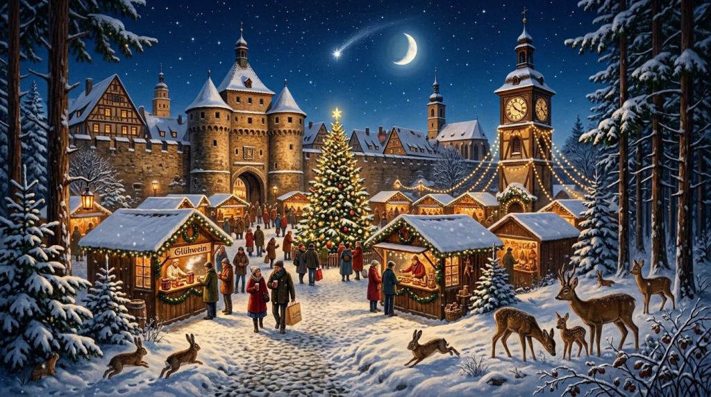 Zeichnung Weihnachtsmarkt vor der Stadt mit Tieren im Wald