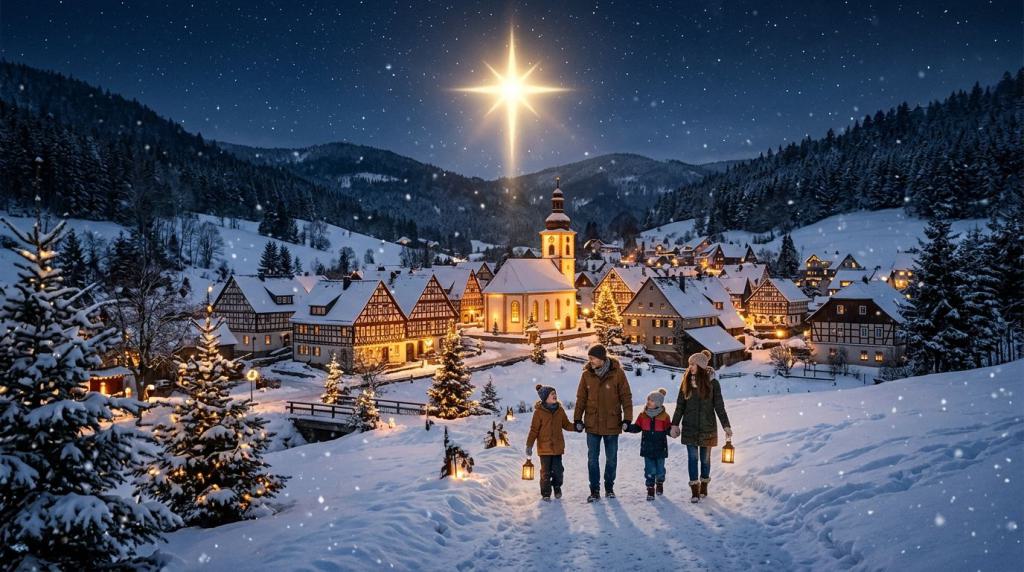 Familie geht vom Dorf in den verschneiten Winterwald